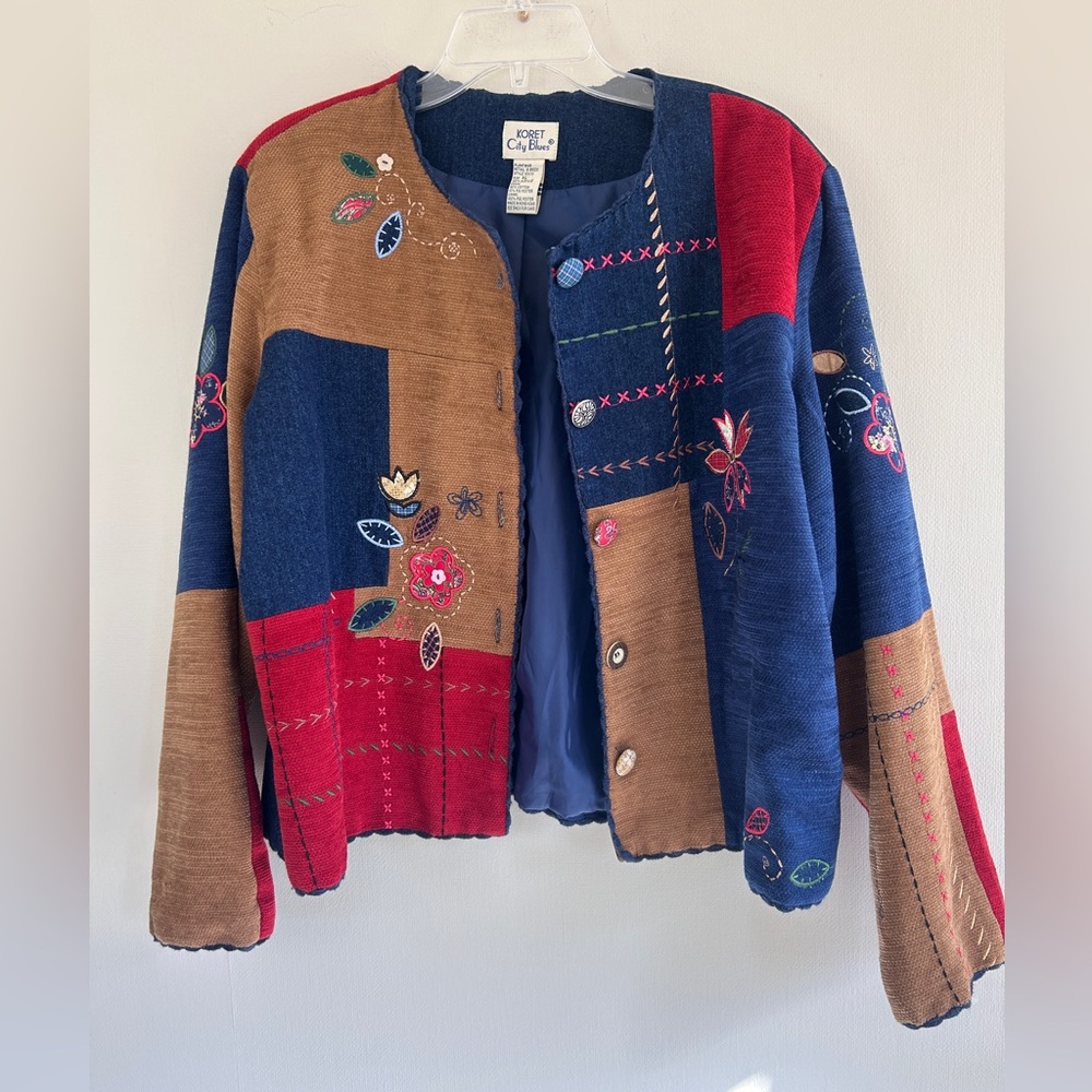 Vintage 90s Artsy Patchwork Novelty Embroidered Statement Jacket Whimsy Boho XL - Picture 4 of 15